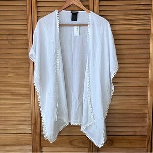 Reitmans White Beach Wrap with Pom-Pom Trim-Open Front Kimono ONE SIZE Fits All